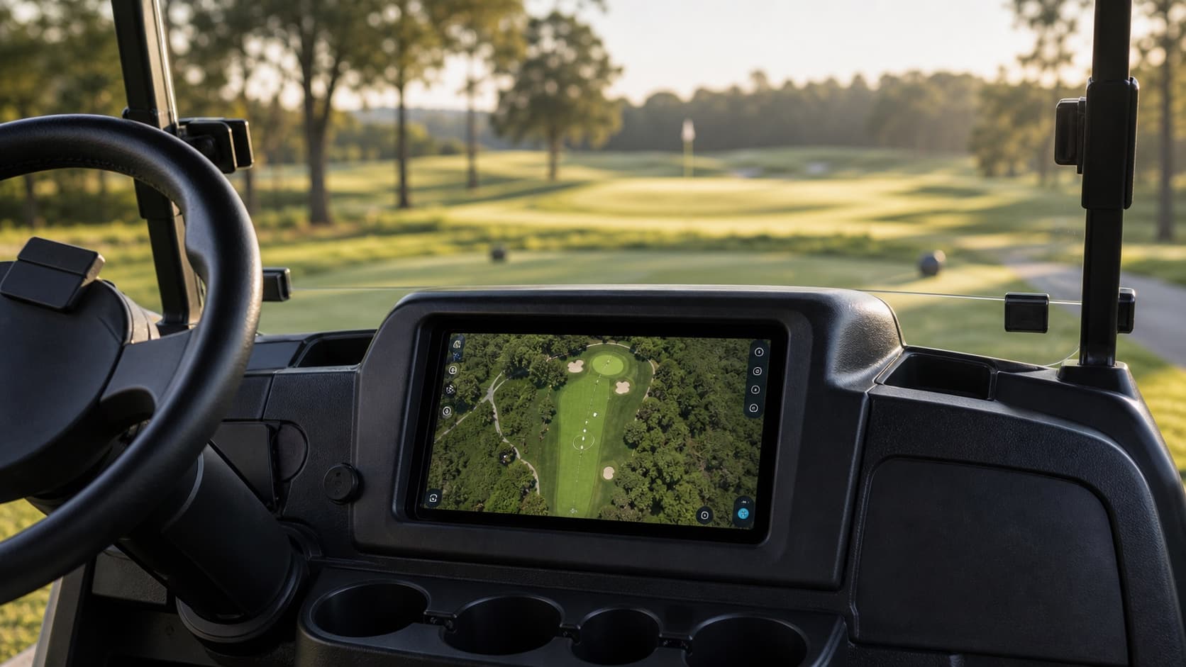 A premium golf cart dashboard screen shows a course map while the first tee sits outside the windshield.