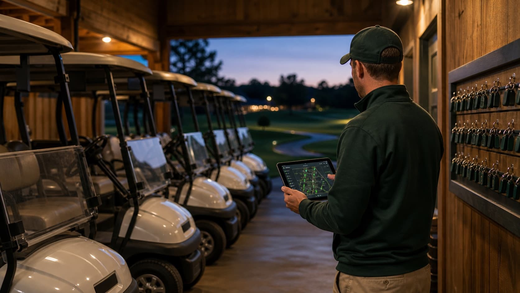 A golfer uses a digital unlock flow beside a secured golf cart with the course fairway in the background.