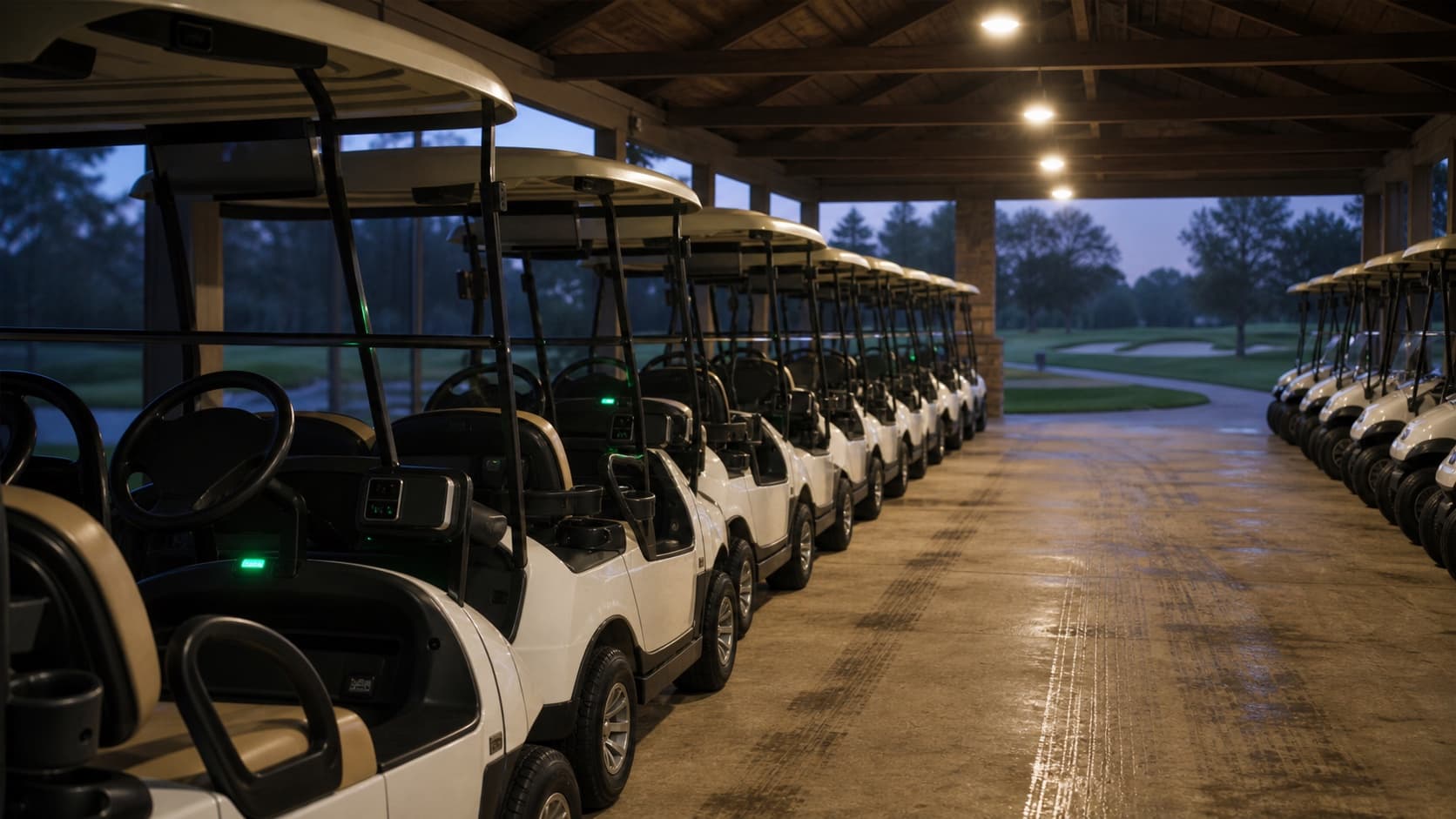 Rows of golf carts sit in a cart barn with small digital access modules glowing green.