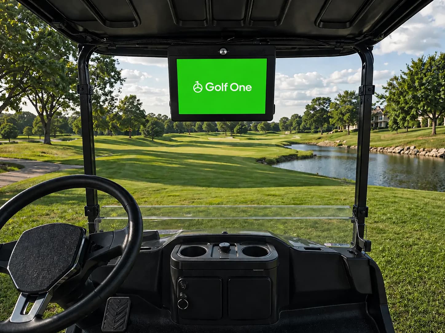 Golf cart dashboard with mounted touchscreen kiosk