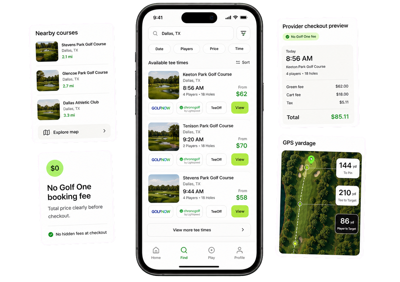 Transparent realistic Golf One iOS app hero scene with Dallas tee times, nearby courses, no booking fee, provider checkout, and GPS yardage.